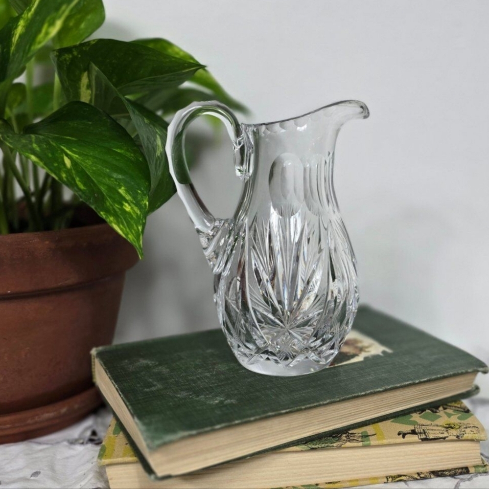 Antique Brilliant Period Cut Glass Small Pitcher Starburst Motif 6" Tall